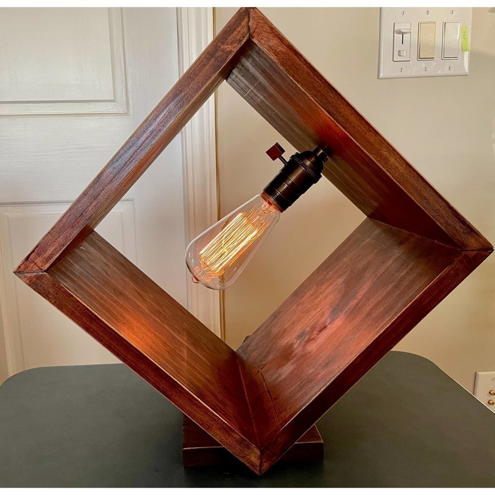 RUSTIC VERMONT HANDCRAFTED BOX LAMP + BASE + EDISON BULB + BRAIDED POWER CORD